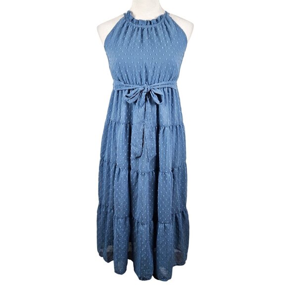 Grace Karin Girls Sleeveless Blue A-Line Flowy Swiss Dot Lined Halter Dress 12Y - Picture 2 of 11